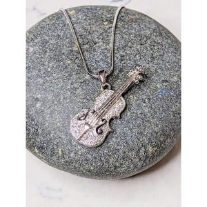 Violin Strings Necklace White Gold Plated Pendant with Crystals